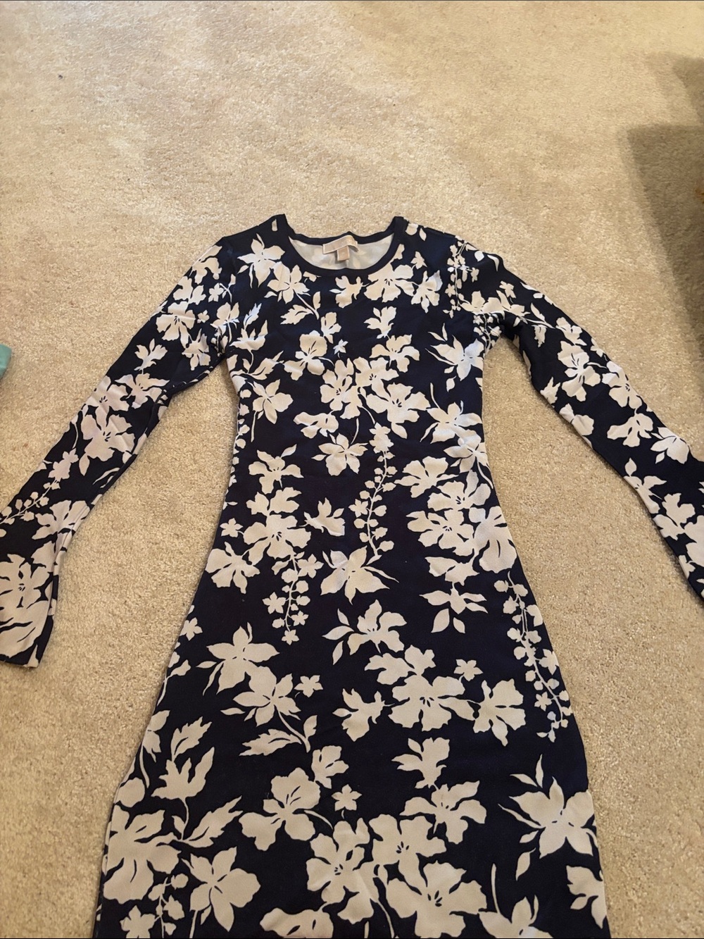 Michael Kors Navy and White Floral Long-Sleeve Midi Dress